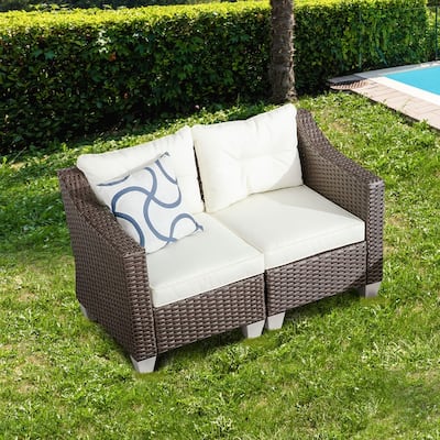 Patio Festival Wicker Loveseat Sofa with Off-White Cushions