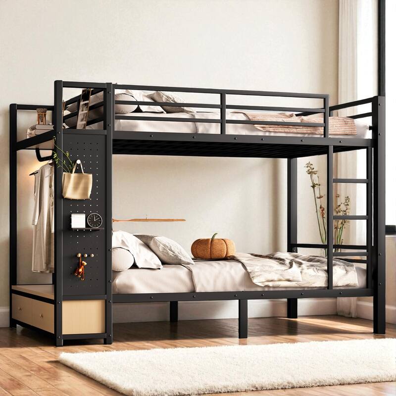 Full over Full / Queen over Queen Metal Bunk Bed with Shelves, Drawers and Pegboard Storage