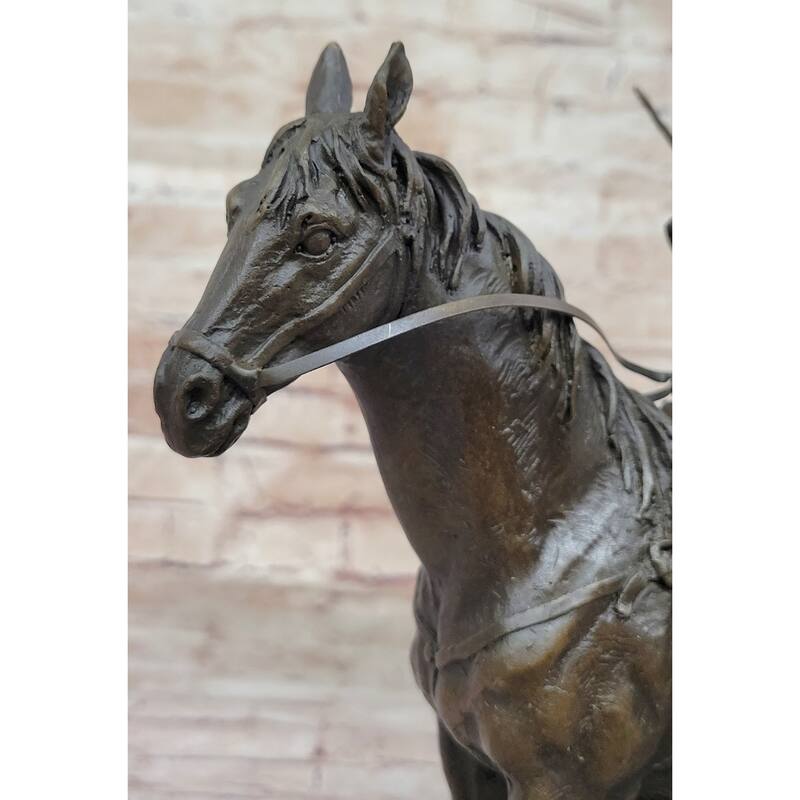 Bronze Remington Tribute Cowboy W/ Rifle Riding Horse Sculpture Statue Marble 12 Inches X 12 Inches