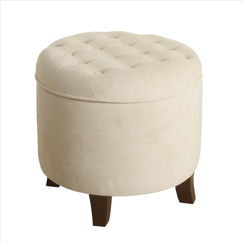 Button Tufted Velvet Upholstered Wooden Ottoman with Hidden Storage - Cream and Brown