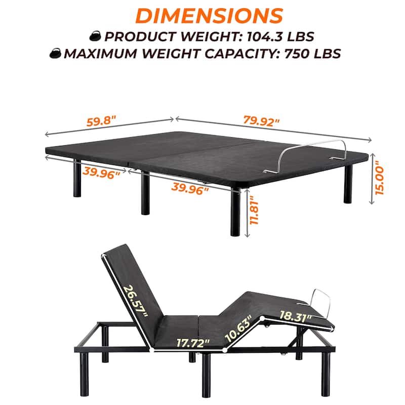 Adjustable Bed Base Frame with Zero-Gravity Positioning, Massage Options and Independent head and Foot Incline Adjustments