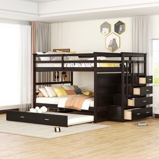 Full Over Full Bunk Bed with Twin Size Trundle and Staircase - Solid ...