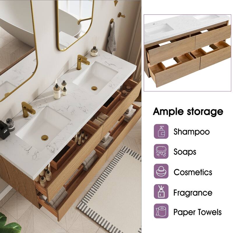 Sylphar 60 inch Bathroom Vanity with Sink, Floating Oak Cabinet with Stone Top