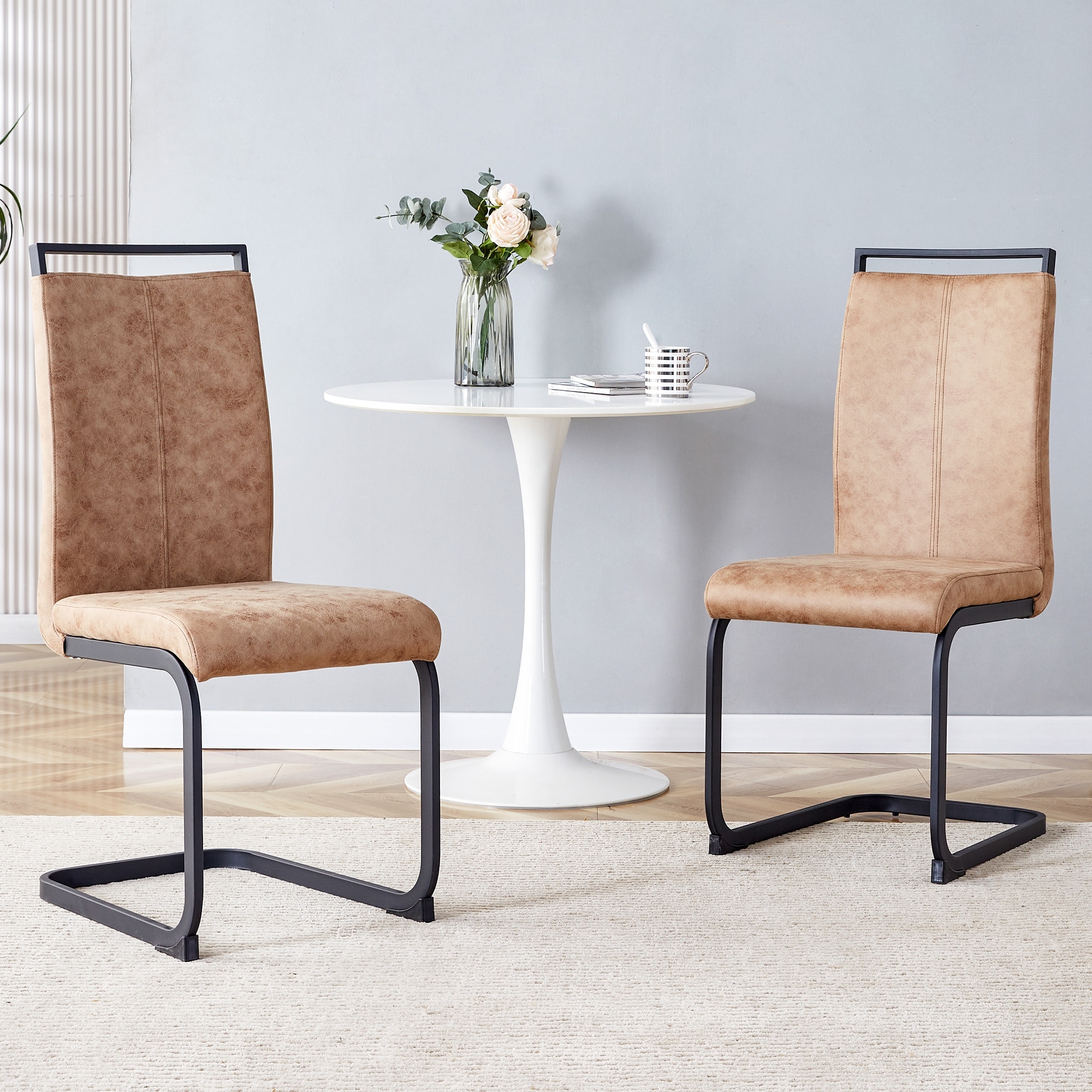 Brown High Back Upholstered Side Chair with C-shaped Tube Black Metal Legs - Set of 2
