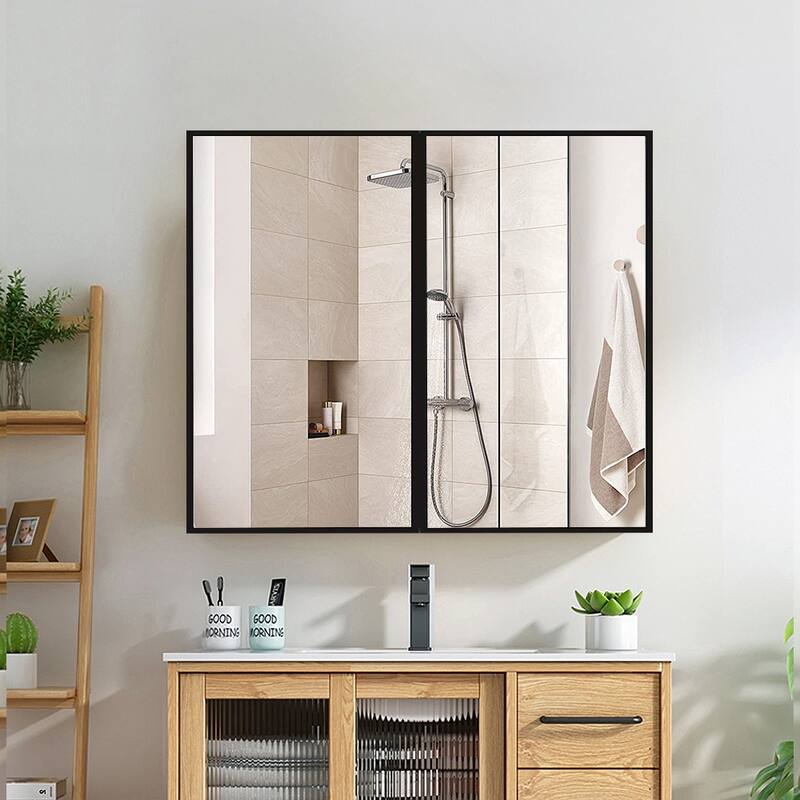 26x30 in Black Metal Framed Wall Mount or Recessed Bathroom Medicine Cabinet with Mirror - Black - Matte