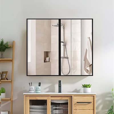 26x30 in Black Metal Framed Wall Mount or Recessed Bathroom Medicine Cabinet with Mirror