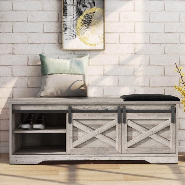 47 inch Shoes Bench with Sliding Barn Door Storage Cabinet