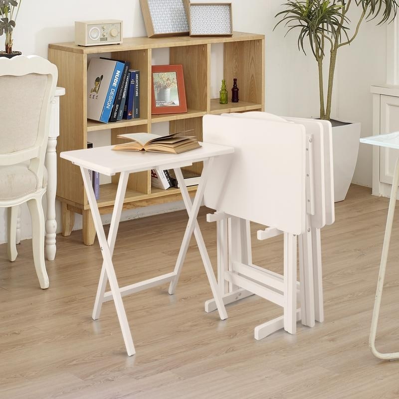 5 Piece TV Tray Table Set in White 4 Trays 1 Stand