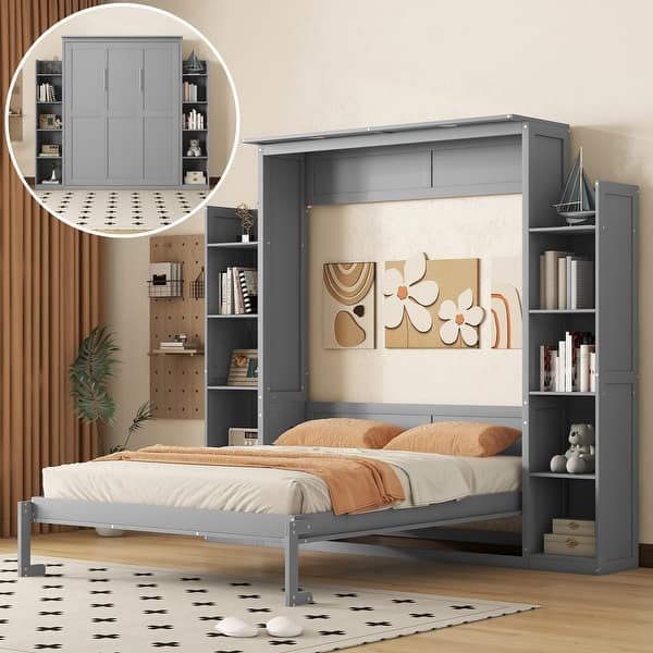 Queen Size Murphy Bed Wall Bed with Shelves and LED Lights Bed Bath & Beyond 39720045