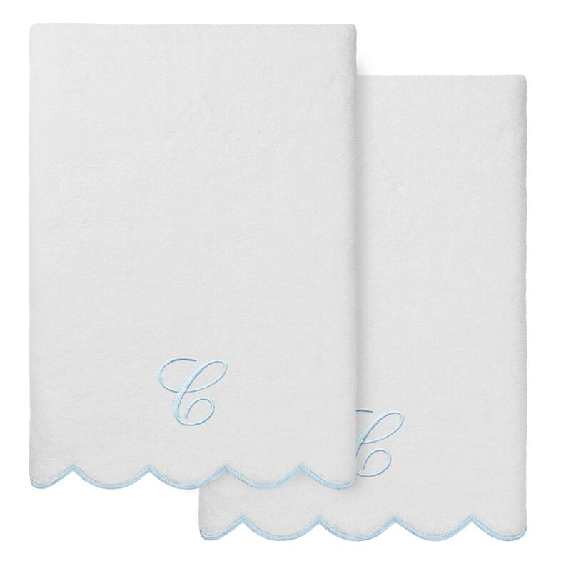 Authentic Hotel and Spa 100% Turkish Cotton Blue ADORNIA Scallop Personalized 2 Piece Bath Towel Set - 2 Bath Towels - C