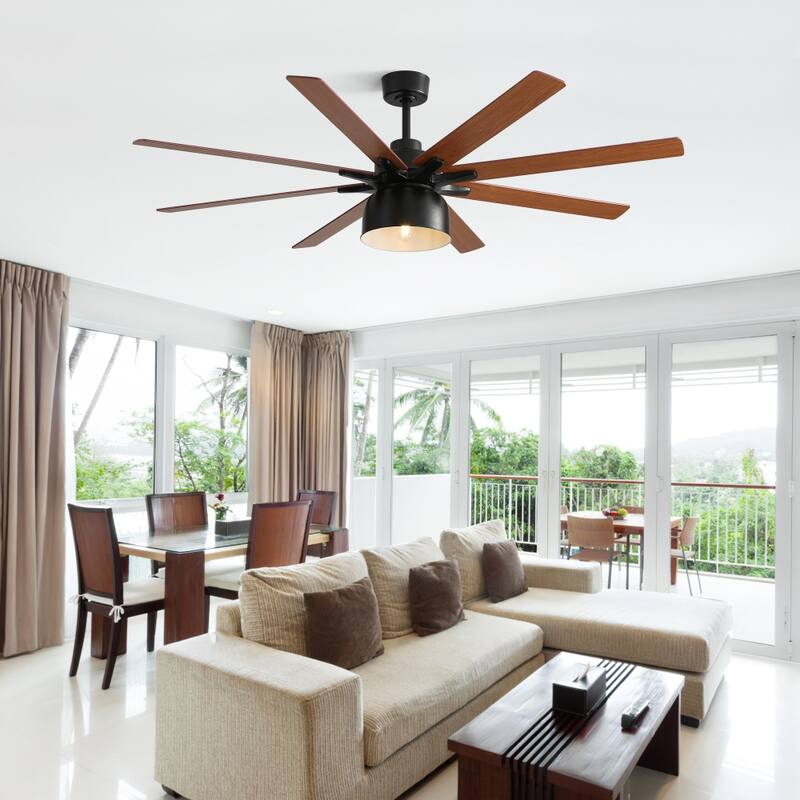52/66-In Farmhouse Style Industrial Windmill Large Ceiling Fan with Light and Remote - 52in with metal shade - Black with Brown Blades