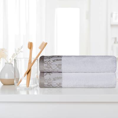 Cotton Medium Weight Floral Border Bath Towel by Superior - (Set of 2)