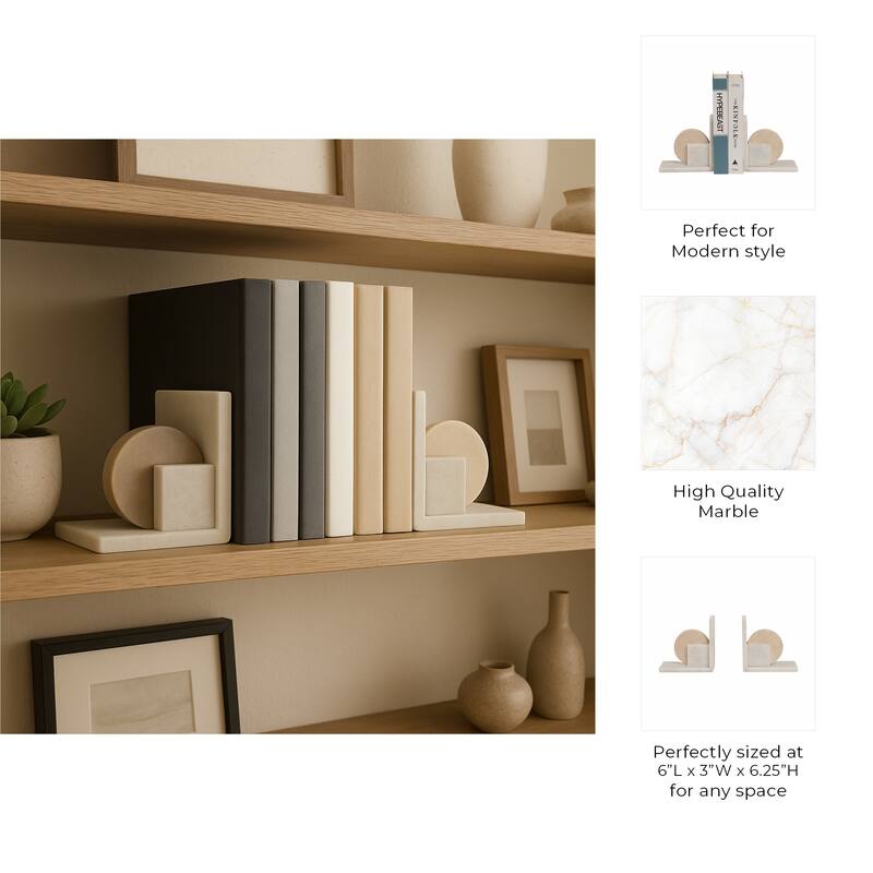 Decorative Geometric Marble Bookends - Set of 2 , 6", White & Tan - 6.0"