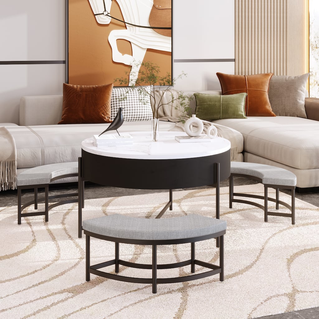 Modern Round Coffee Table Set with Lift-Top, Dining Table Set with Hidden Storage and 3 Ottomans