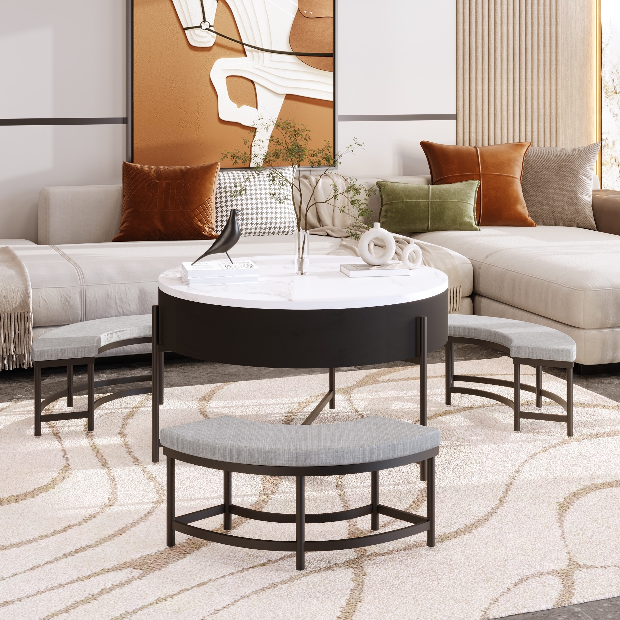 Modern Round Coffee Table Set with Lift-Top, Dining Table Set with Hidden Storage and 3 Ottomans
