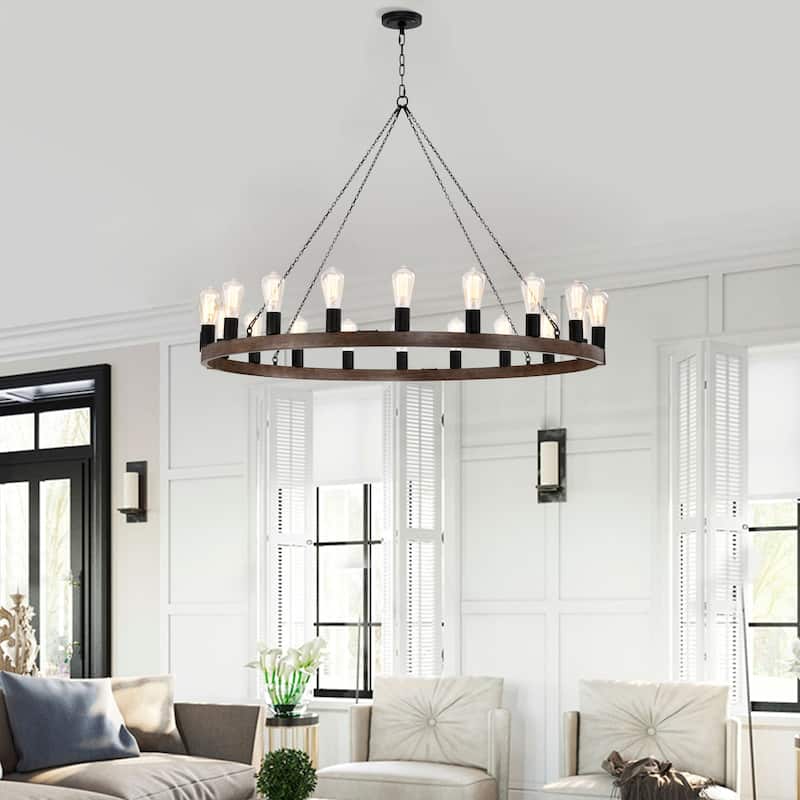 Eva 20-light Antique Black and Faux Wood Metal Round Chandelier - Antique Black