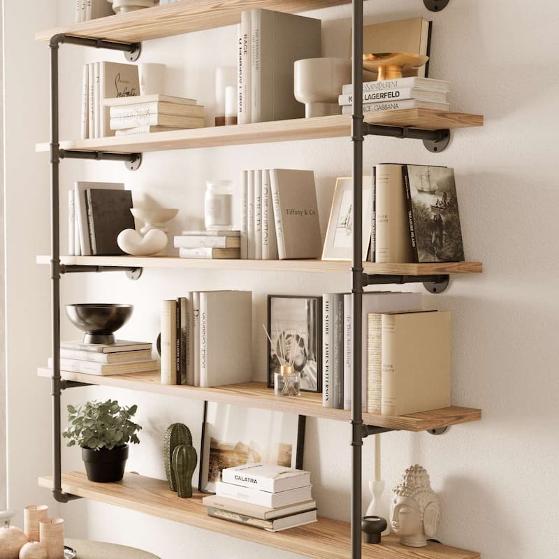 Wallniture 60 inch Industrial Floating Shelves for Wall, Wooden Book Shelves, Wall Mounted Pipe Shelf, 5-Tier