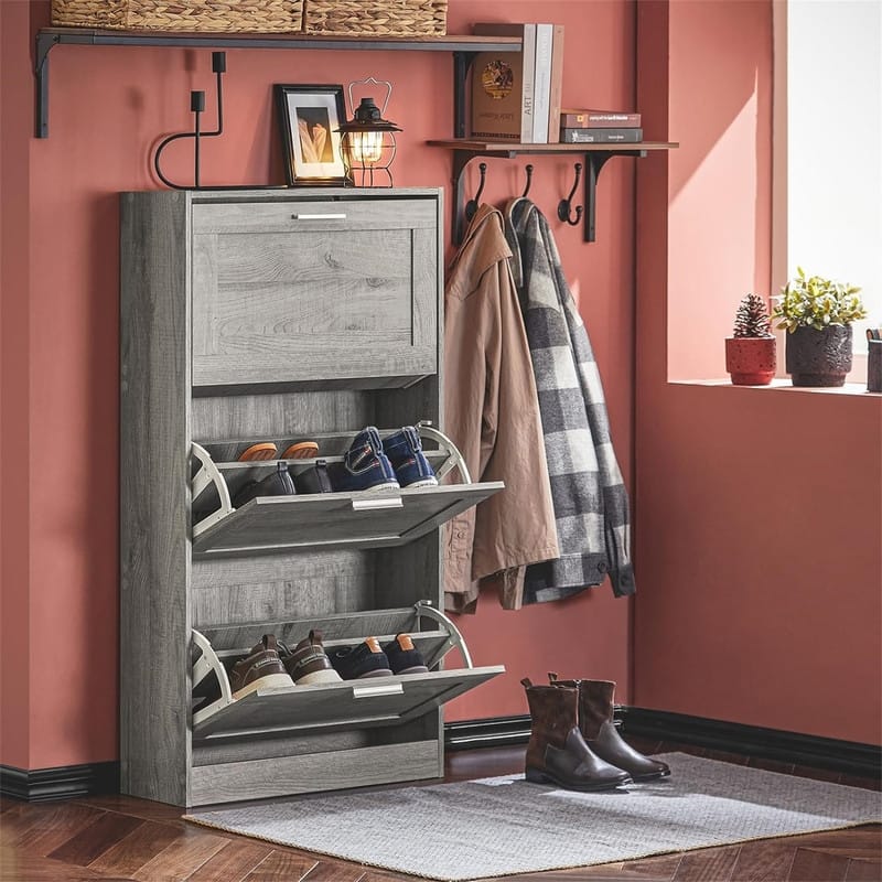Natural Shoe Storage Cabinet with 3 Flip-Drawers - 9.1"D x 23.4"W x 45.2"H