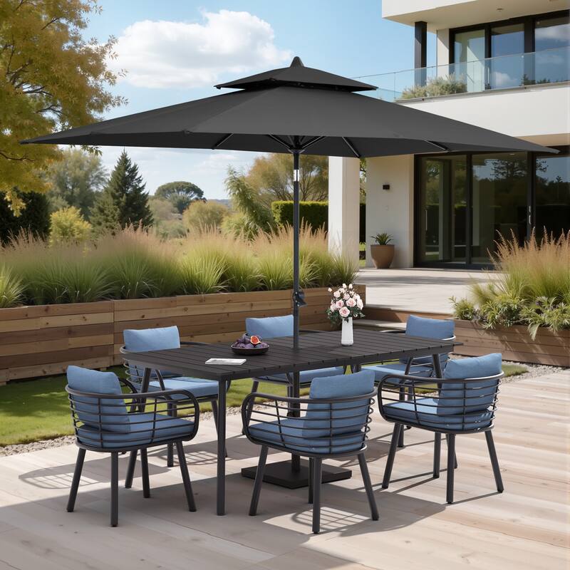 9/11-PieceOutdoor Patio Dining Set with Sunbrella Cushions Aluminum Dining Table and Chairs w/10 ft Umbrella and Base - Set of 9 - Black Table with Black Umbrella