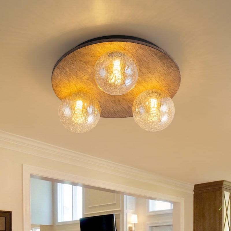 Italy Vintage Wood 3-Light Glass Globe Semi Flush Mount - Amber Crackled Glass