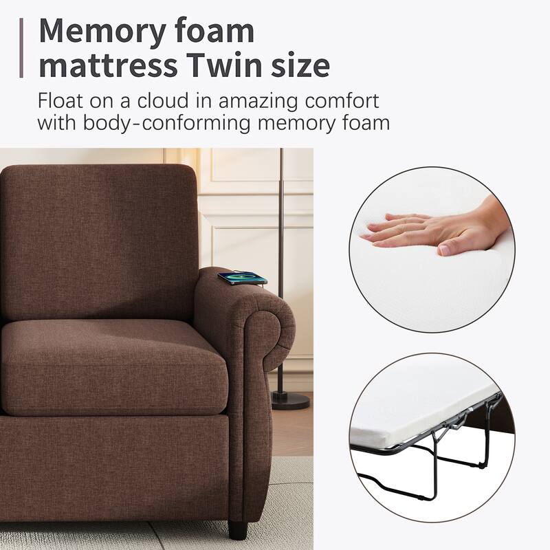 Roomfitters 57.9" Pull-Out Sleeper Sofa Loveseat with Twin Size Memory Foam Mattress, Two USB Charging Ports
