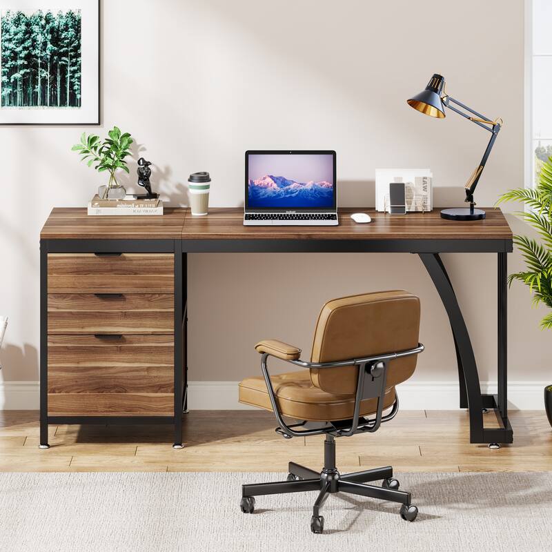 59 inch Reversible Computer Desk with 3 Drawer Cabinet, Industrial Study Writing Table Workstation for Home Office Bedroom