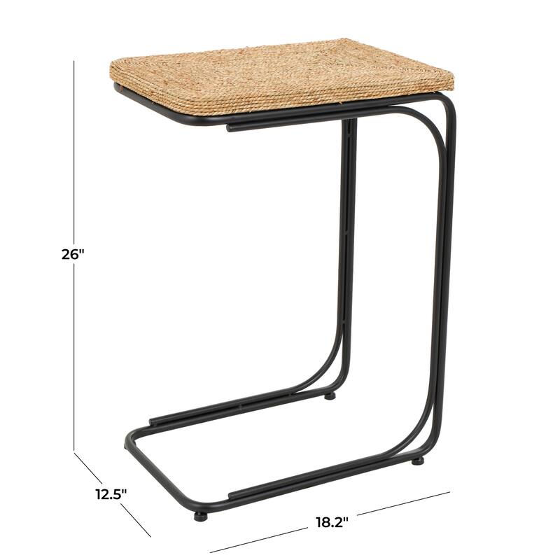 Brown Dried Plant Handmade Coiled C-Shaped Accent Table with Black Metal Legs