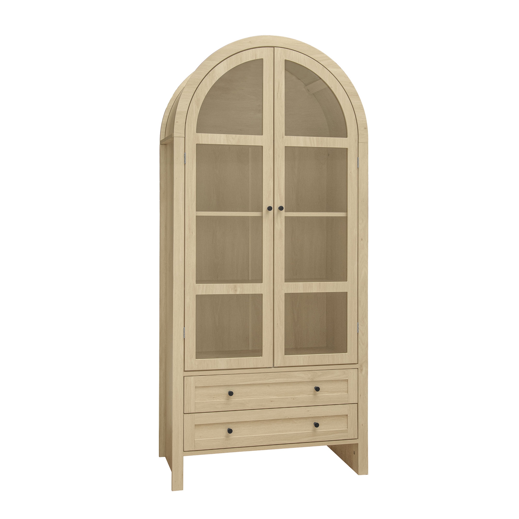 Roomfitters 70.28" Tall Arched Kitchen Pantry Cabinet, Modern Farmhouse Storage Cabinet with Glass Doors, Natural