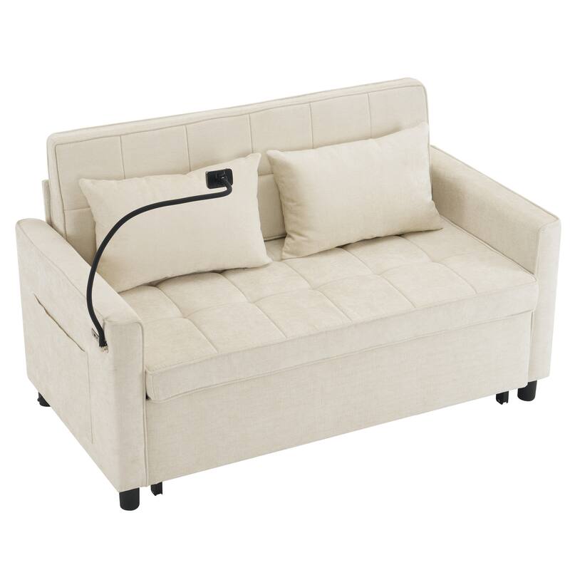 Roomfitters Loveseat Pull-Out Sofa Bed with Reversible Backrest Cushion, Side Pockets, USB Ports, and Phone Holder