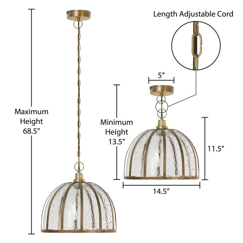 Hayden River of Goods Brass and Seeded Glass and Metal Pendant Light with Adjustable Hanging Cord - 14.5" x 14.5" x 13.5/68.5"