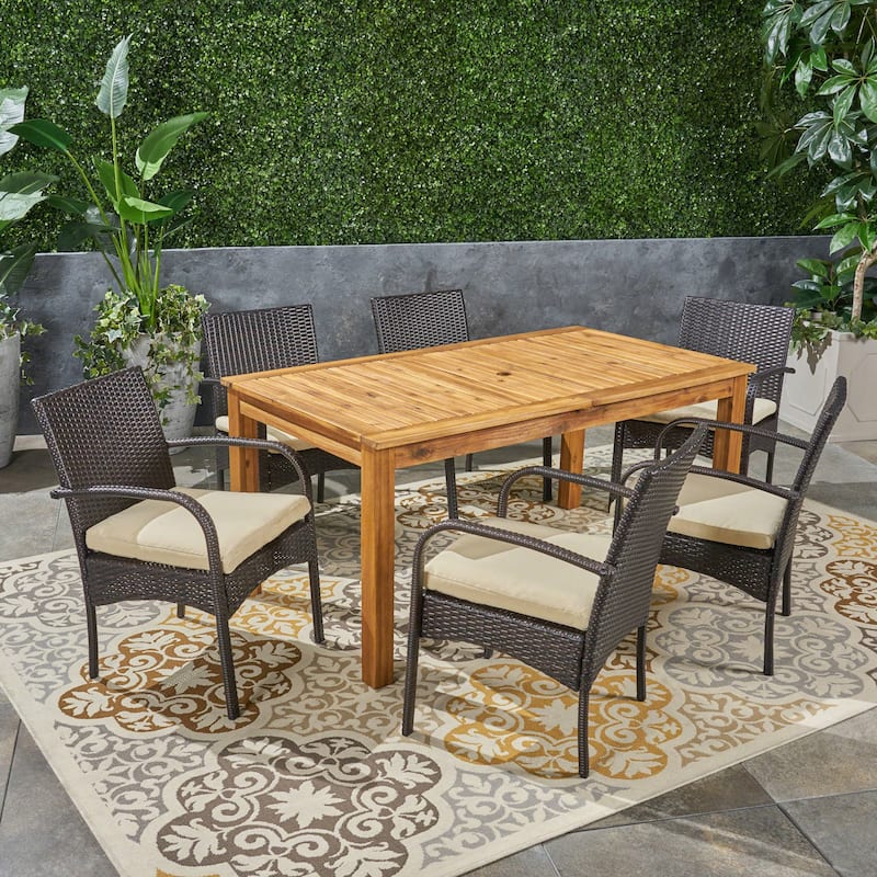Elmar Outdoor 7 Piece Wood and Wicker Expandable Dining Set by Christopher Knight Home - natural + multi brown + crème cushion