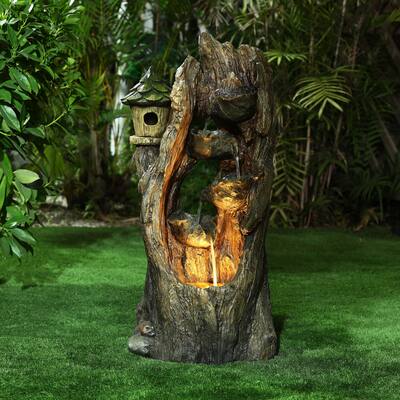 Brown Resin Hollow Tree and Birdhouse Outdoor Fountain
