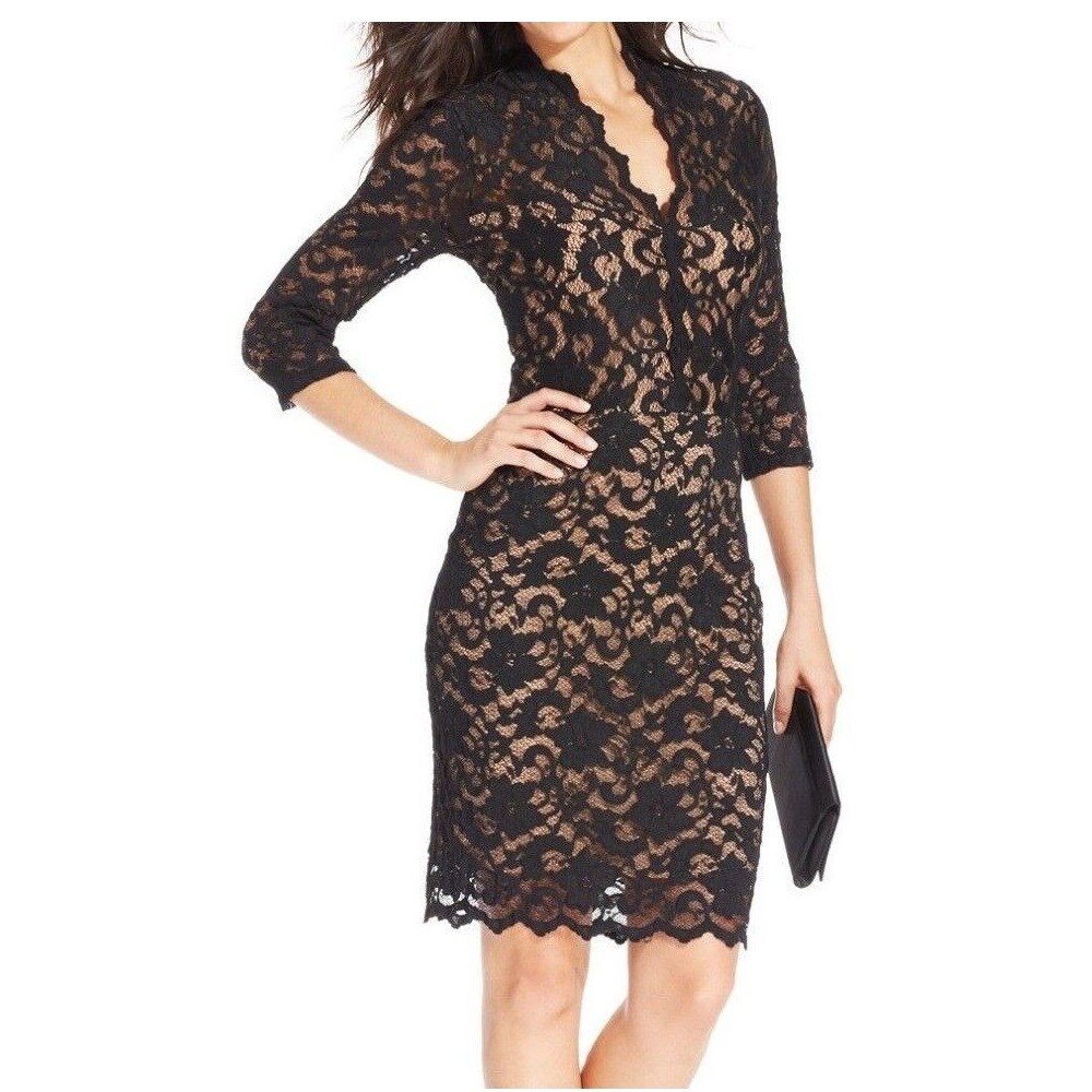 chinese dress ladies V-Neck Scallop Hem Lace Dress Black main image 0