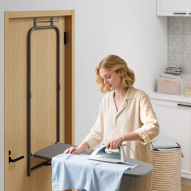 Over The Door Foldable Ironing Board with Iron Holder Space Saving Laundry Room Organizer - 42” x 17” x 50”