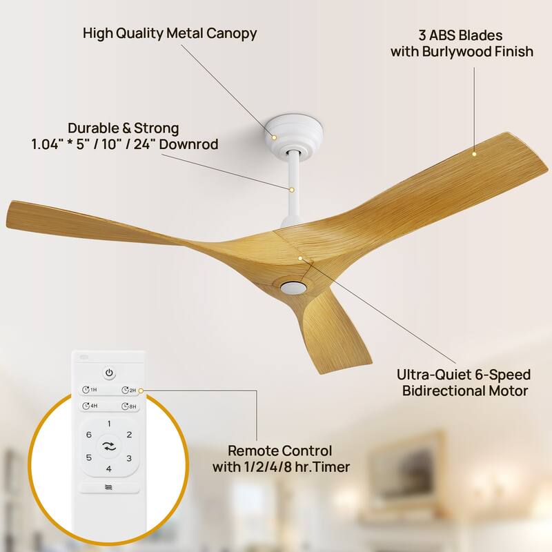 52'' Low Profile Ceiling Fan w/ Remote Control No Light Outdoor/Indoor Farmhouse Bedroom - 52 Inch