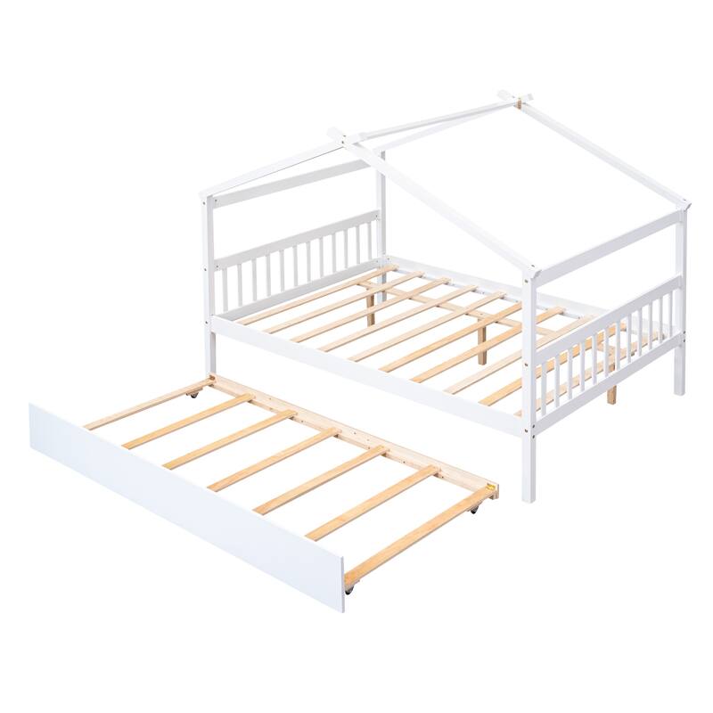 Full Size Wooden House Bed with Twin Size Trundle