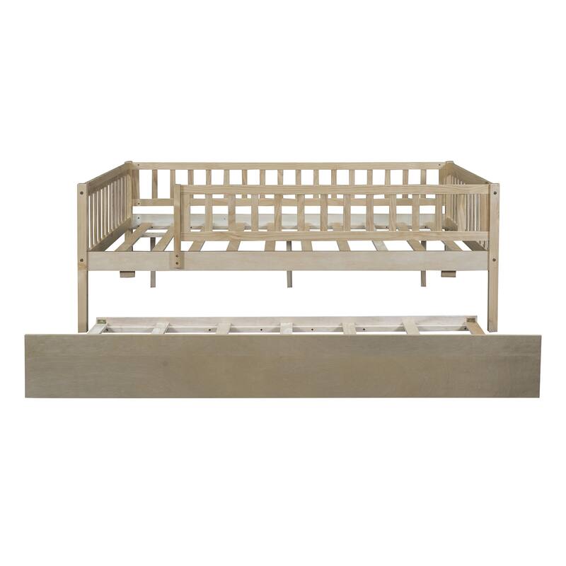 Full Size Wood Daybed with Trundle and Fence Guardrails, Space-Saving Design