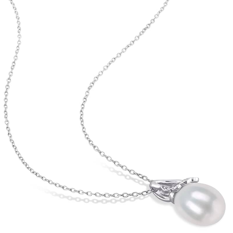 Miadora Cultured FW Pearl & Diamond Accent Drop Earrings & Necklace Set in Sterling SIlver (7.5-9mm)