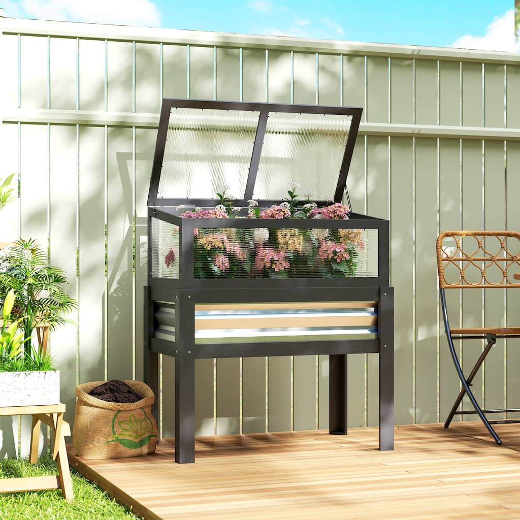 Outsunny Wooden Raised Garden Bed with Flip-Up Greenhouse Top, Raised Garden Bed with Legs and Bed Liner