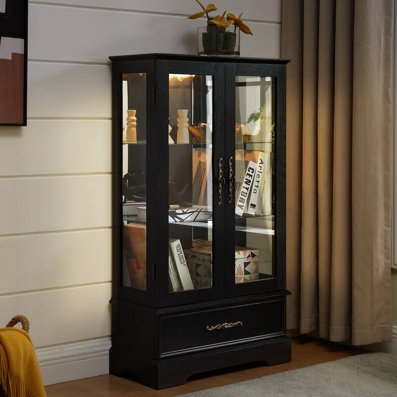 GDFStudio - Traditional Storage Lighted Curio Display Cabinet with Glass Doors and Drawer