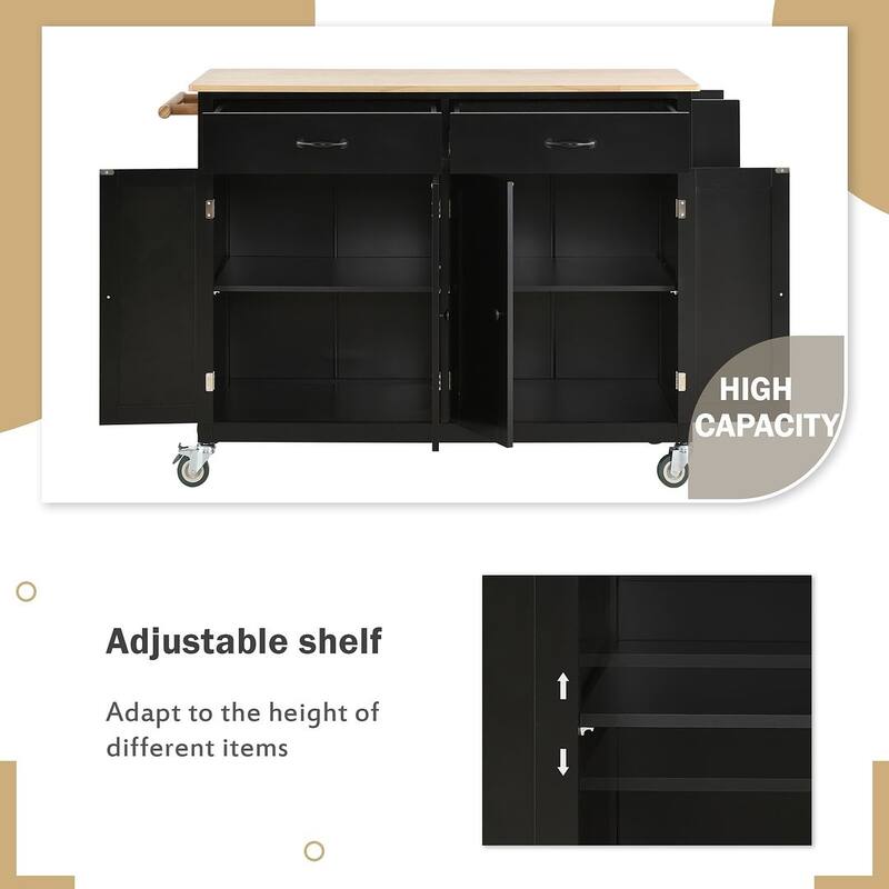 Kitchen Island Cart with Solid Wood Top, Locking Wheels, Spice & Towel Rack