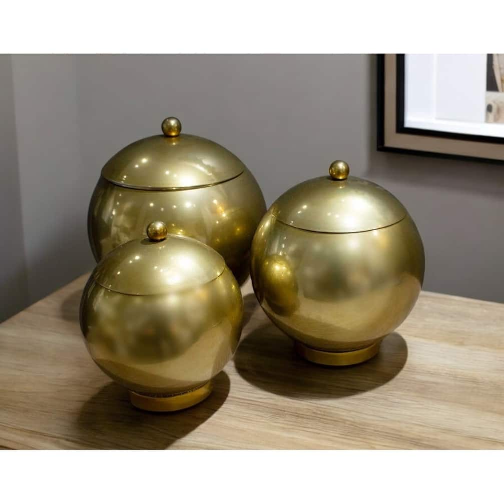 HomeRoots Set of Three Gold Metal Decorative Lidded Canisters - 8' X '9' X '8