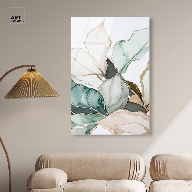 Pastel Leaves with Gold III Acrylic by Art Remedy, Ready to Hang