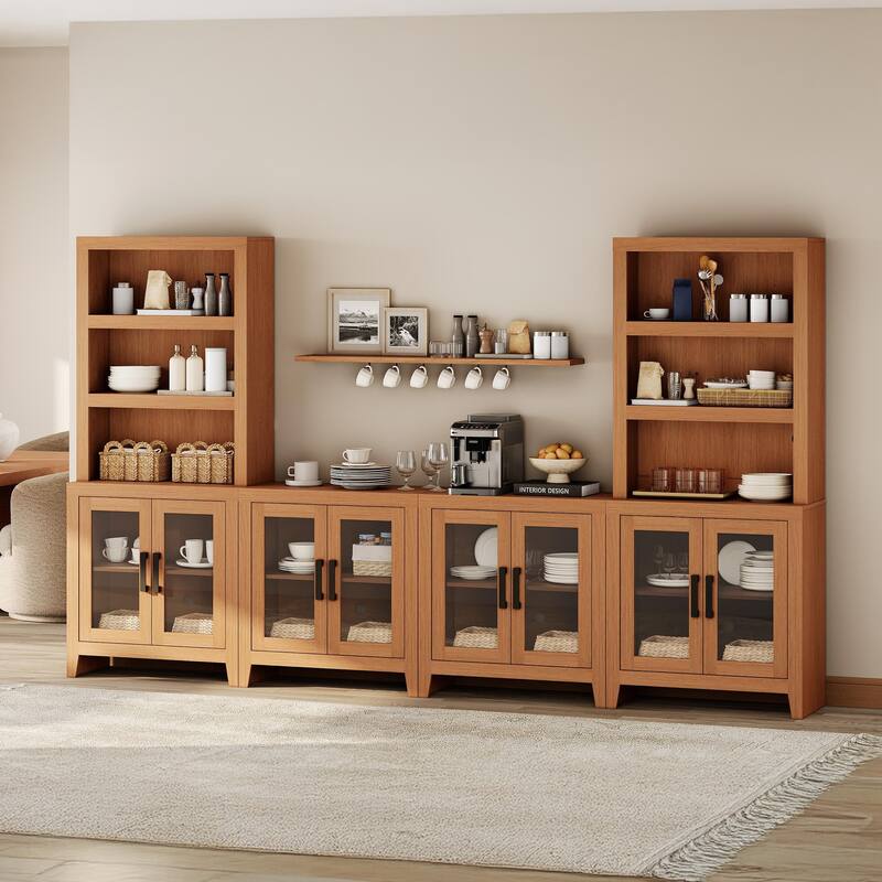 WAMPAT Farmhouse Entertainment Center with Bookshelves, Modular TV Stand with Storage Cabinets & Glass Doors