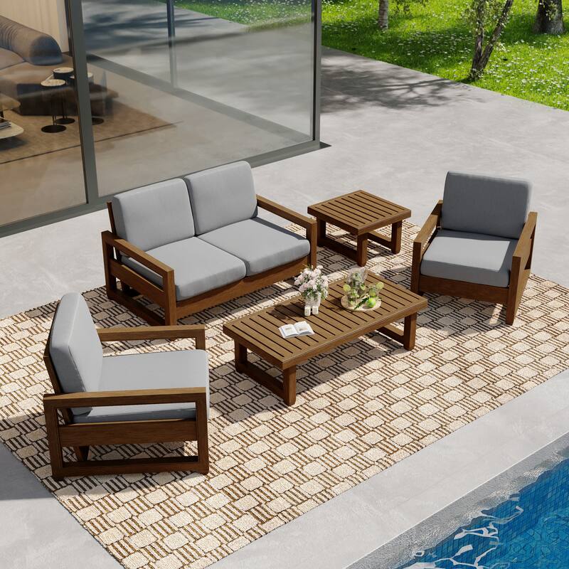 5-Piece Teak Wood Outdoor Patio Conversation Set with Cushion - Natural Wood - Light Grey