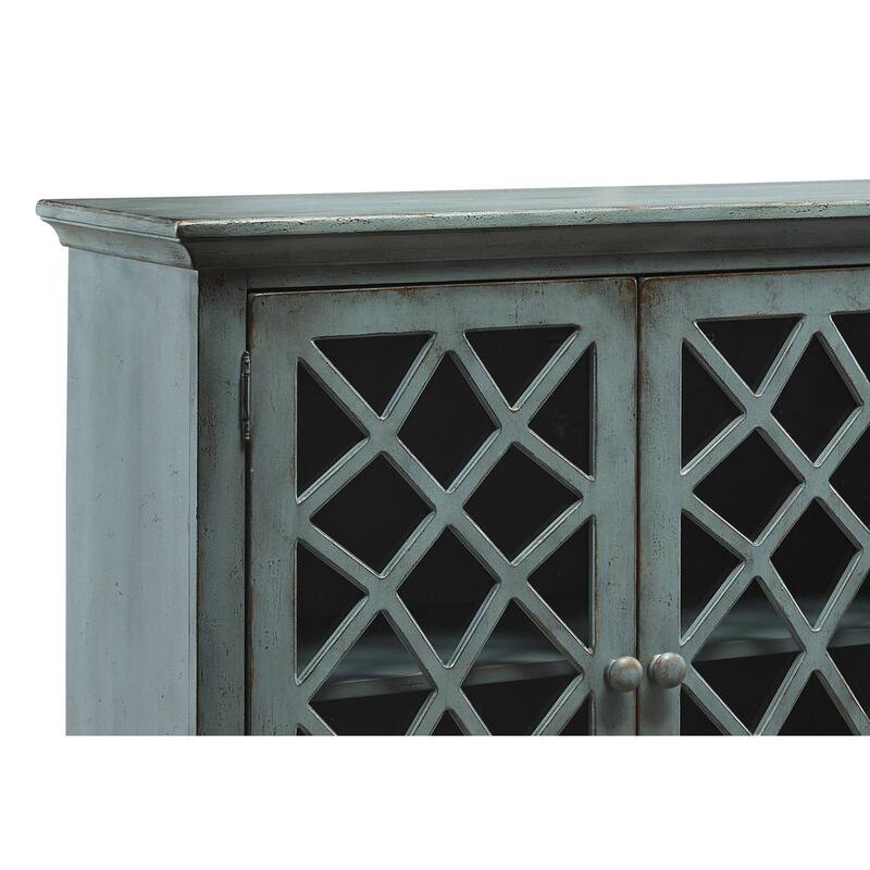 Lattice Design 4 Door Cabinet with Glass Inserts and Bun Feet, Teal Blue