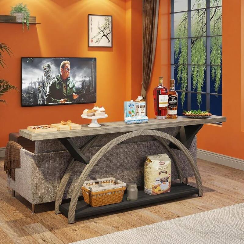 Farmhouse Industrial Console Table with Curved Base 2 Tier Wood Grain Top Metal Frame Entryway Hallway Sofa Table - Grey