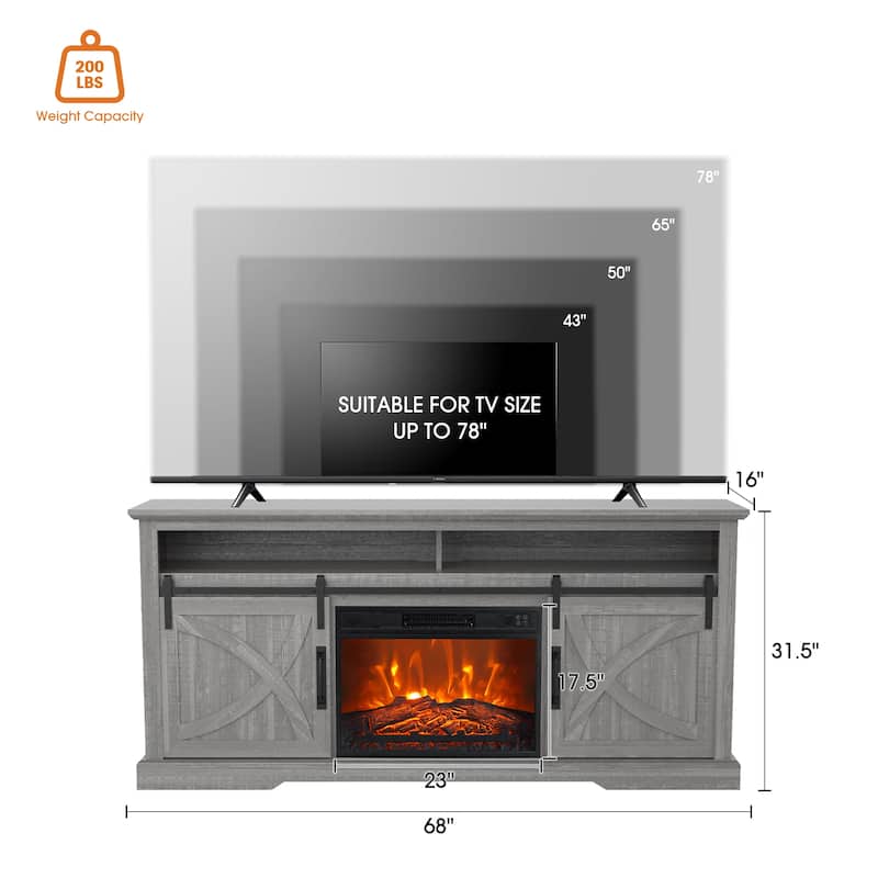 68" Farmhouse Sliding Barn Door Fireplace TV Stands Console Table with 23" Electric Fireplace