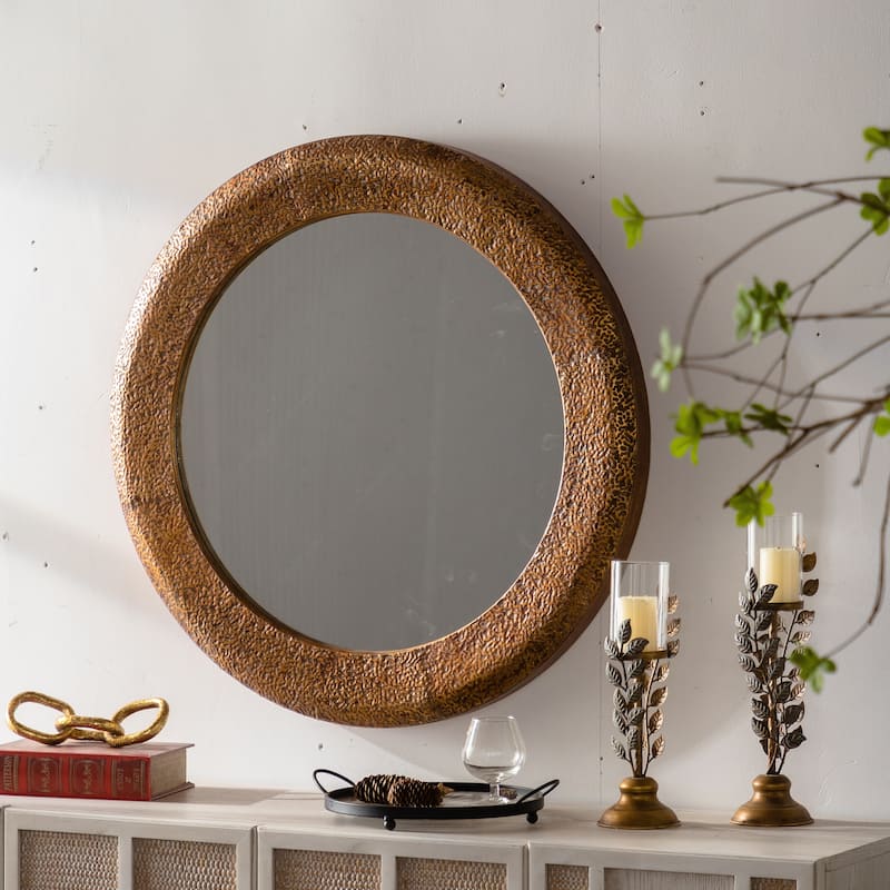 31.3" Hammered Gold Round Wall Mirror - Iron Frame & MDF Back Decorative Mirror, Rustic Accent Mirror - Golden
