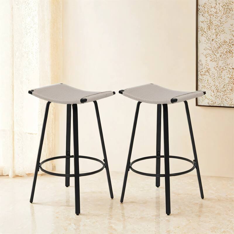 Counter Height Bar Stools Backless Handwoven Round Footrest Set of 2 - Creamy White